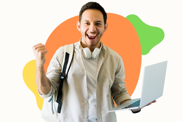 Smiling man with a backpack and headphones, holding a laptop. Colorful background shapes. Ideal for promoting the Academia de Inglés Access, highlighting a positive and motivating environment